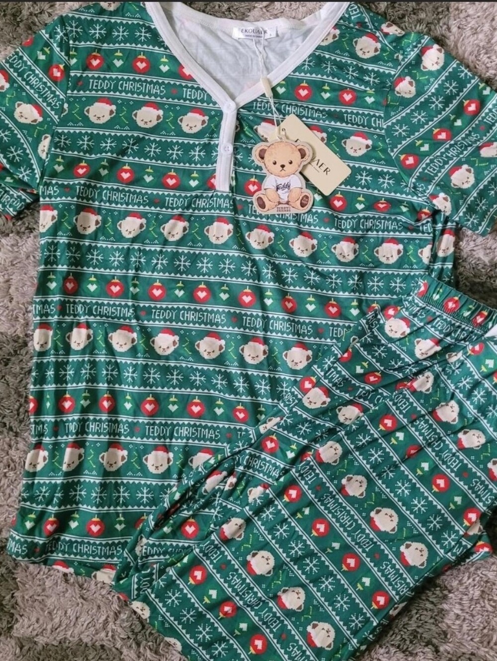 Womens Teddy Christmas Green Pajama Set